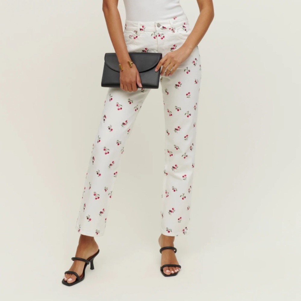 Reformation Jeans Cherries Embroidered High Rise Straight Jeans size 25